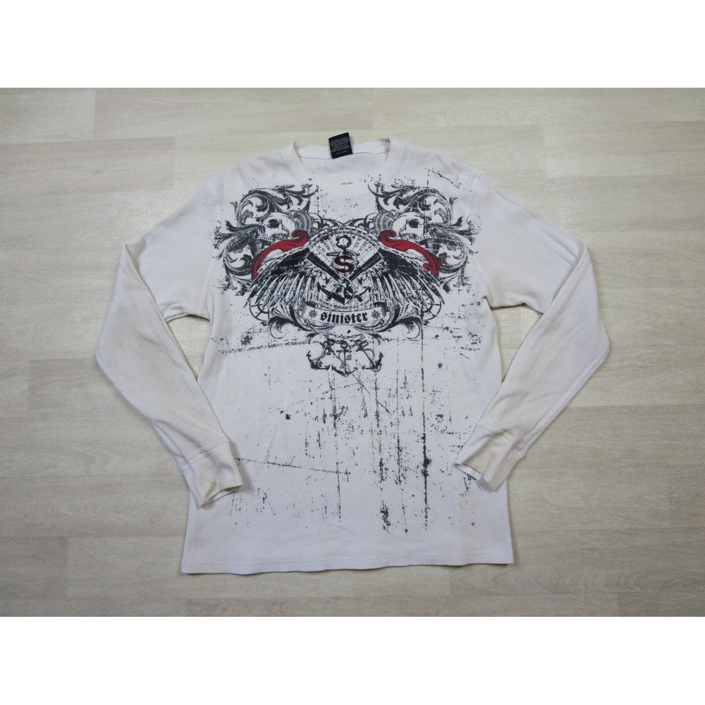 Vintage Y2K Sinister Thermal Shirt (XL) White Skull AOP Emo Goth Grunge‎ Loyalty